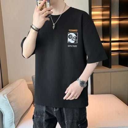 2025 Summer New Men's Short Sleeve T-Shirt Hong Kong Style Loose Fit Versatile Ice Silk Thin Clothing Youth Trendy