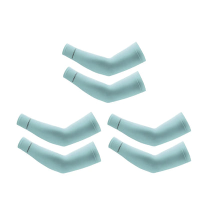 Set of six light blue arm sleeves on a white background