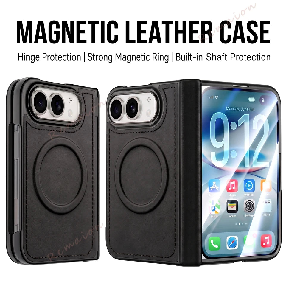 Black magnetic leather phone case shown from three angles: back view with a circular magnetic ring, side profile, and front view with a smartphone inserted. Text at the top reads 'MAGNETIC LEATHER CASE' with feature callouts.