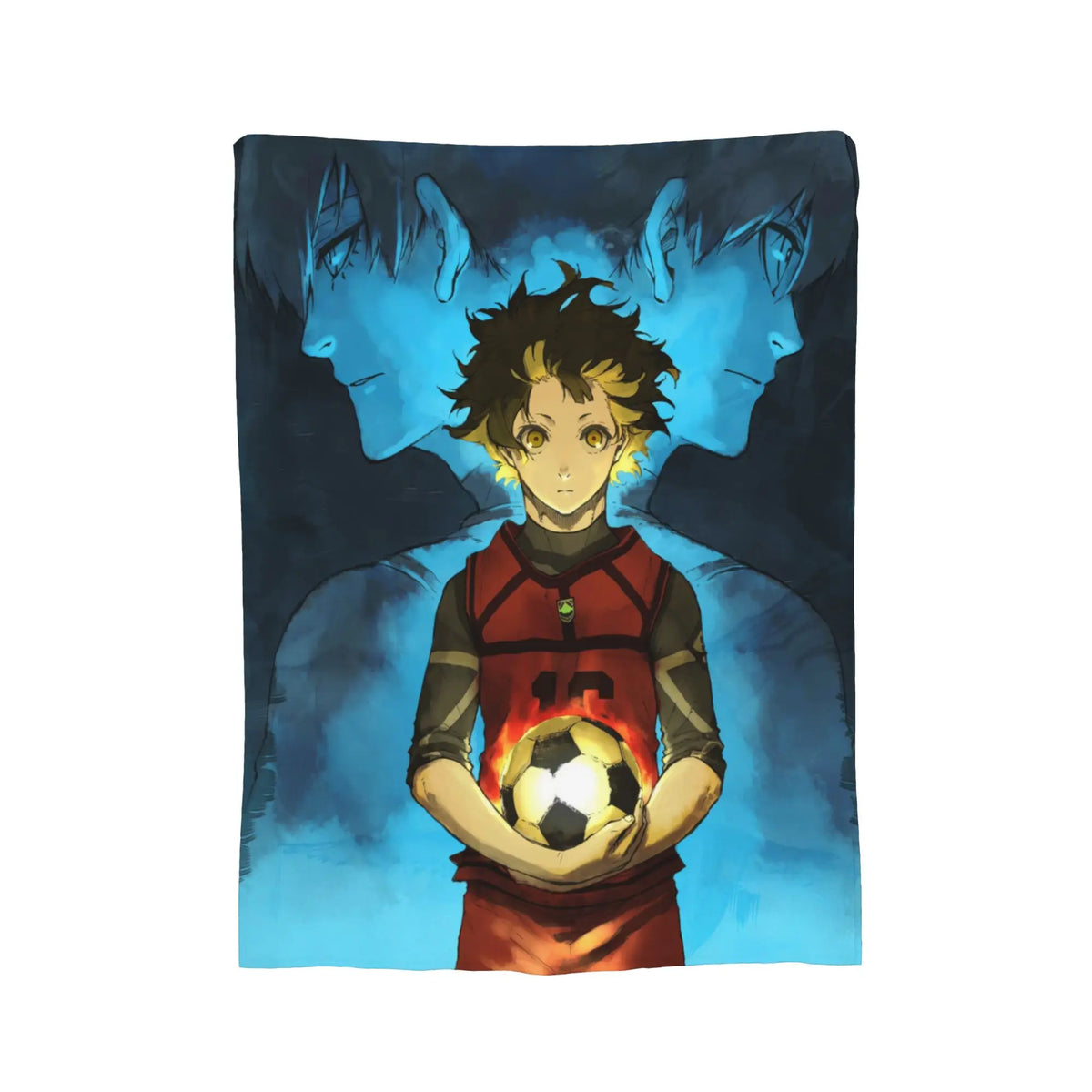 A rectangular wall tapestry featuring anime artwork of a soccer player holding a glowing ball, with blue-toned duplicate faces in the background, shown against a plain white backdrop.