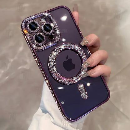 High-grade Glitter Rhinestones Phone Case For iPhone 16 15 11 12 13 14 Pro Max 16 Plus Magsafe Magnetic Clear Lens Protect Cover