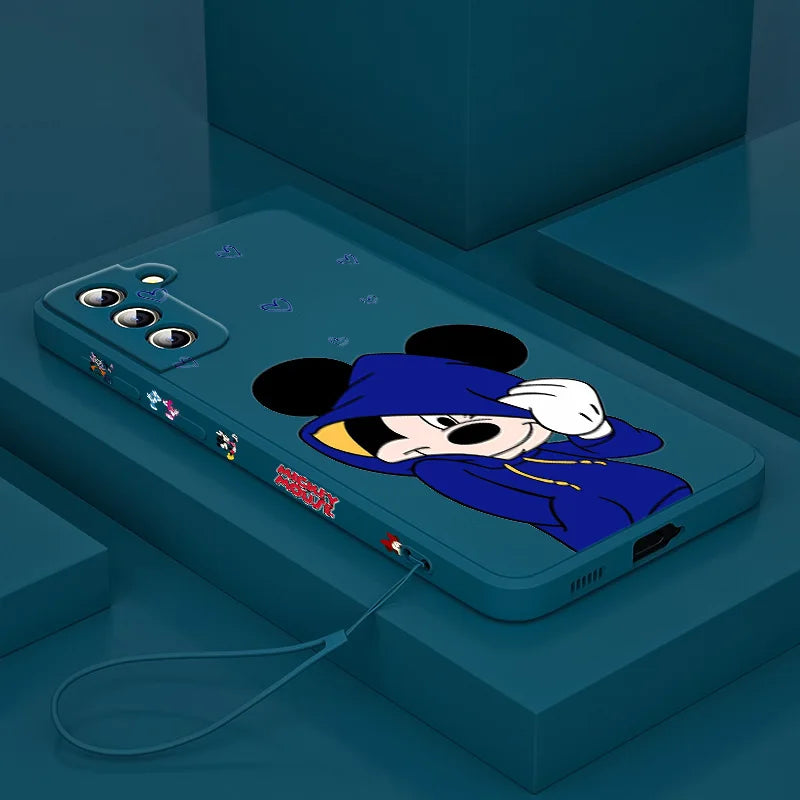 Mickey💙Mouse character case For Samsung Galaxy S24 S23 Note 20 Liquid Left Rope Phone Case