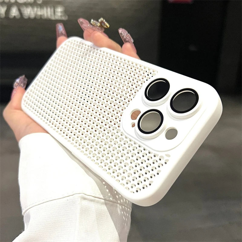 Original Heat Dissipation Breathable Mesh Hole Case For iPhone 16 15 14 11 12 13 Pro Max Plus Lens Protection Shockproof Cover