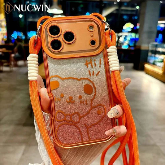 Orange Cute Bear Ear Plating Transparent Long Lanyard Case For iPhone 17 Pro Max 17Pro 17 Air Clear Soft TPU Shockproof Cover
