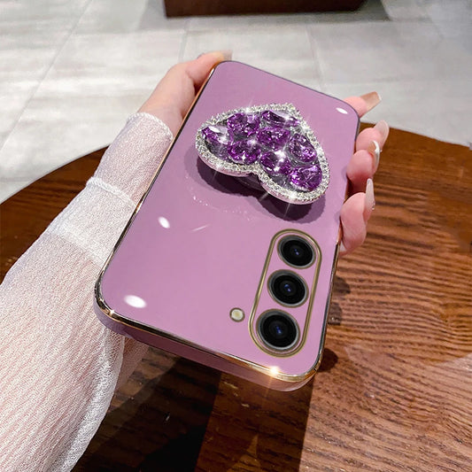 Fashion Diamond Heart Case For Samsung Galaxy S24 S23FE S22 S21 S20 S10 S9 Plus Note20 Ultra S21FE 10 Plating Bracket Cover Caqa