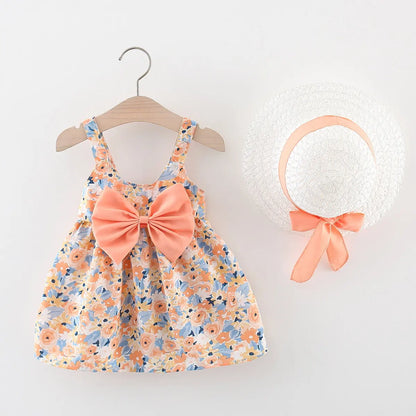 2Pcs/Set Flowers Baby Girl Dresses Summer Fashion Toddler Children Clothes Beach Smooth Dress Kid's Costume + Hat 0 To 3 Y