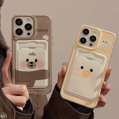 Card bag cover for iphone 15 pro max 14 16 plus 11 12 13 promax x xr xsmax ins 2024 cute duck bear phone case conque