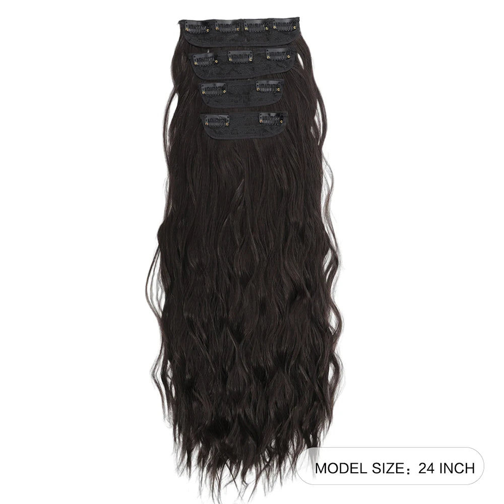 Voluminous Brown-Blonde Clip-In Extensions: 60.96 cm Wavy & Curly Synthetic Hair Set