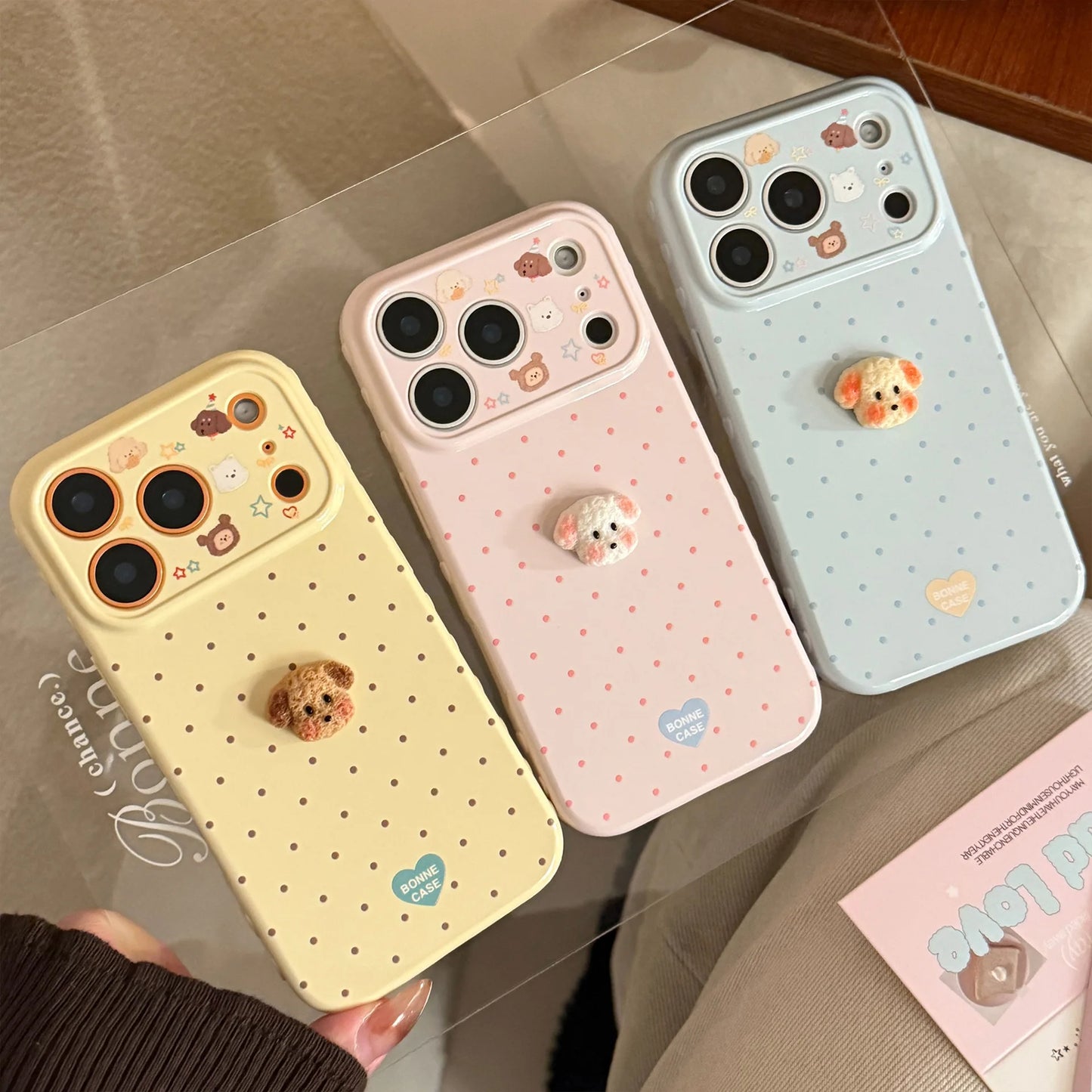 Korean Polka Dots 3D Cartoon Puppy Phone Case For iPhone 17 16 15 14 13 12 Pro Max Candy Colors Shockproof Protective Soft Cover