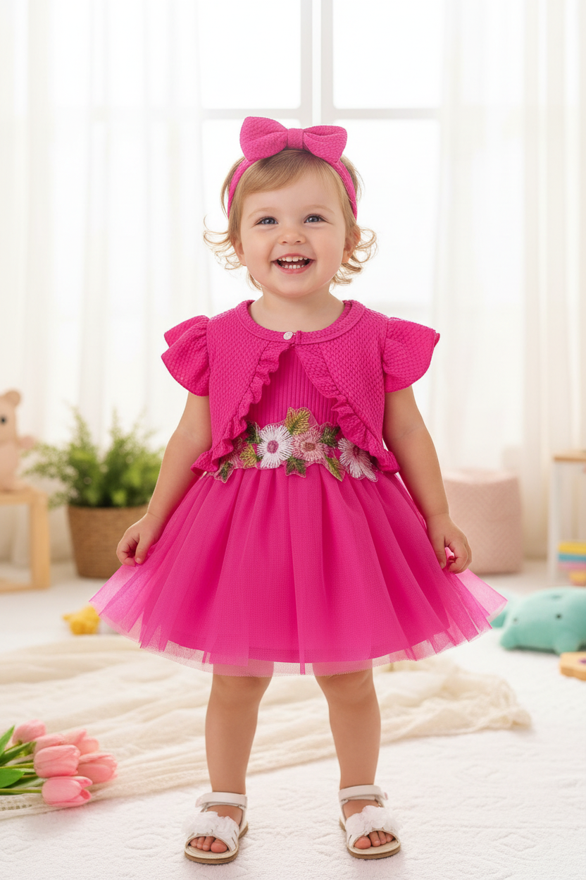 Child wearing a pink dress with floral details in a bright room.