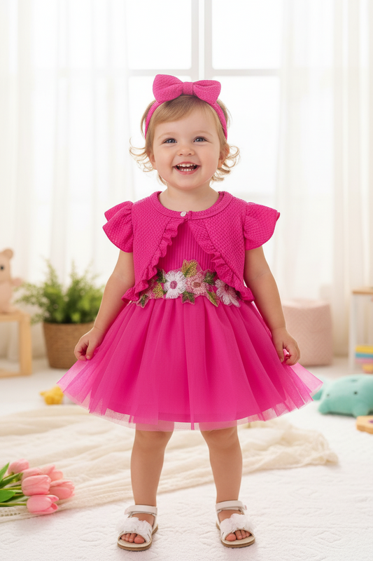Child wearing a pink dress with floral details in a bright room.