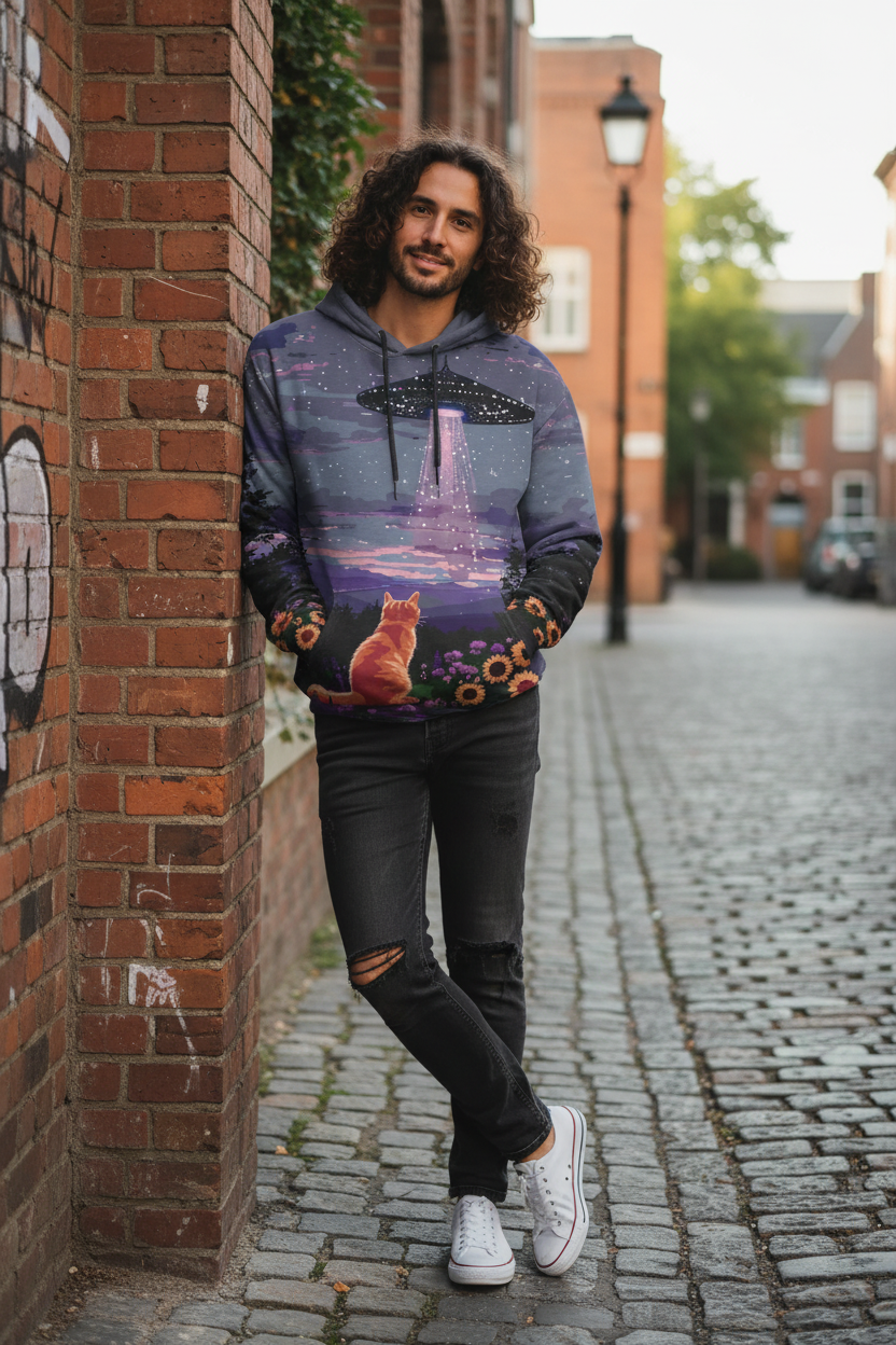 A man with long curly hair stands on a cobblestone street wearing a colorful graphic hoodie with a purple sky, UFO, and cat design, paired with black ripped jeans and white sneakers.