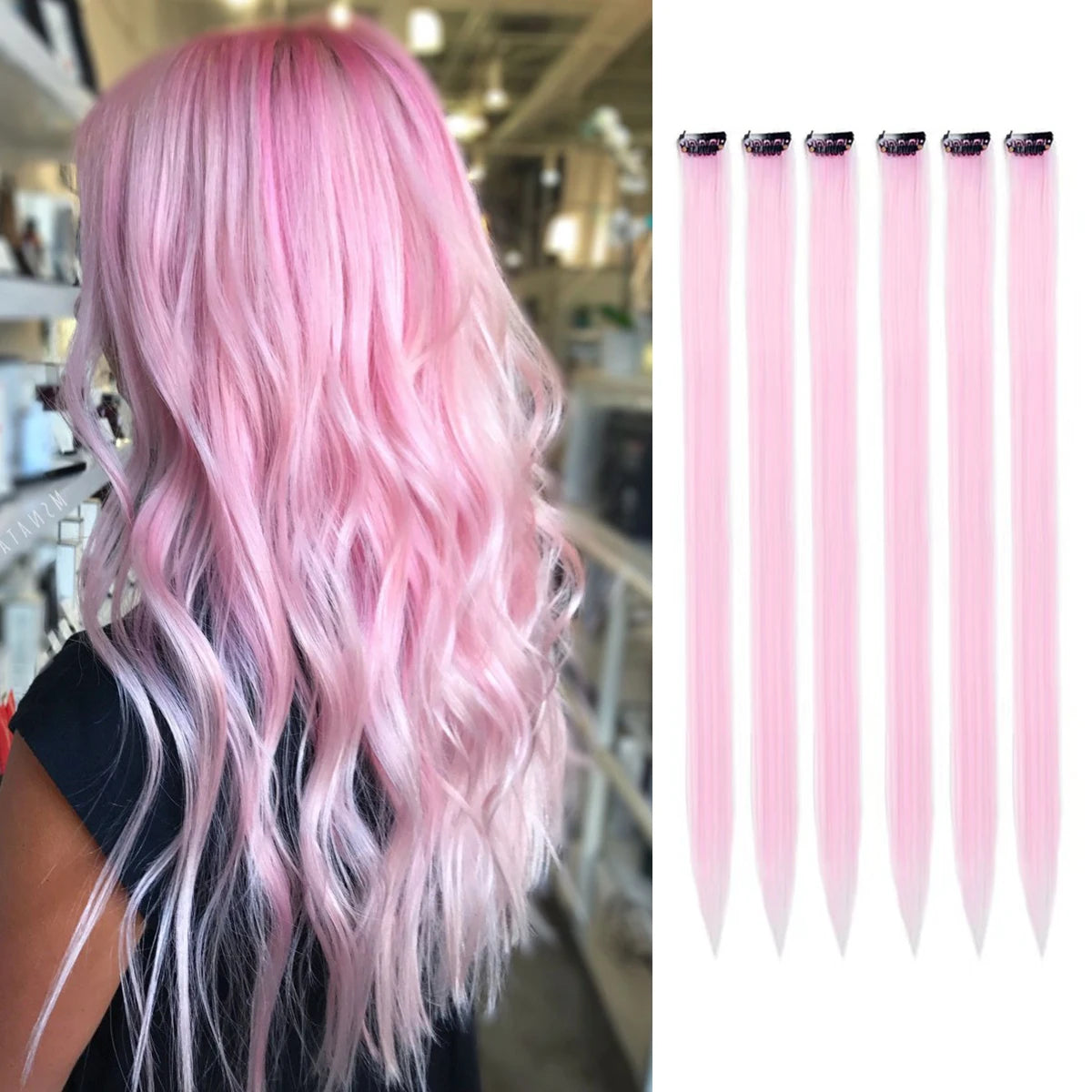 Clip in Hair Extensions 6pcs/pack Colored Party Highlights 22 inches Multi-colors Straight Hair Synthetic Hairpieces Purple Pink