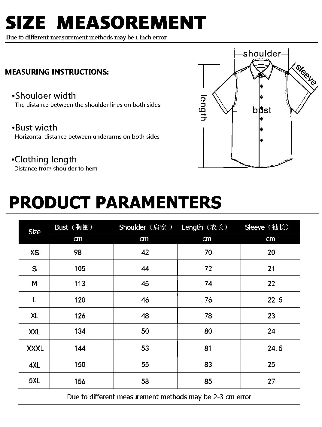 Size measurement chart for a shirt with dimensions and measuring instructions.