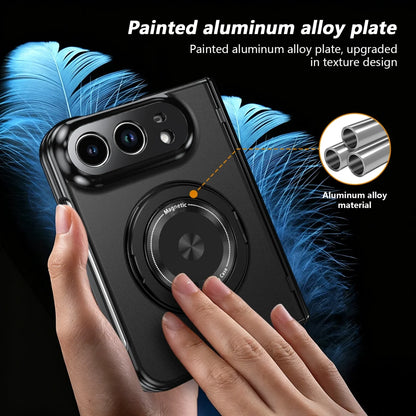 A hand holds a black smartphone case featuring a large circular magnetic aluminum plate on the back. The image includes marketing text reading 'Painted aluminum alloy plate' and a circular inset showing metallic aluminum material, with blue feather graphics in the background.