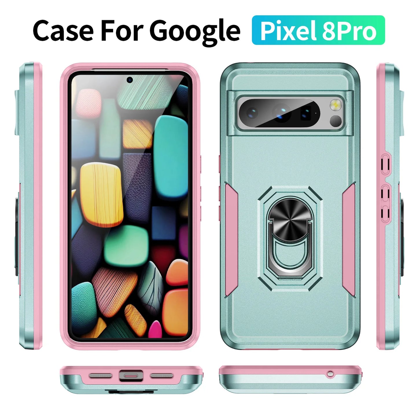 For Google Pixel 6/6a/6 Pro/7/7a/7 Pro/8/8 Pro Case Magnetic Holder Ring Stand Shockproof Armor Phone Cover+Tempered Glass