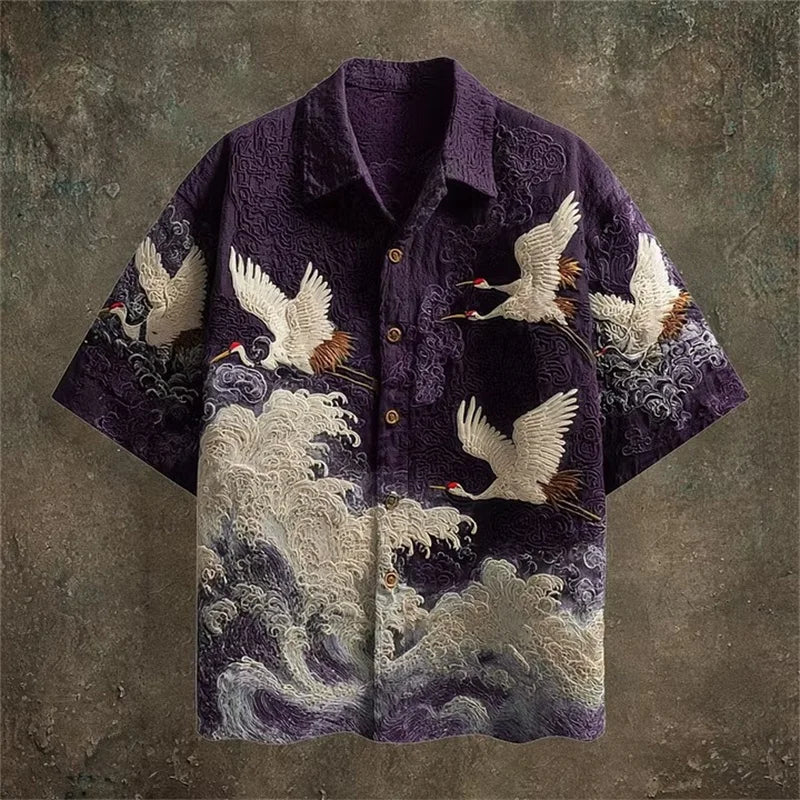 Purple shirt with crane and wave design on a textured brown background