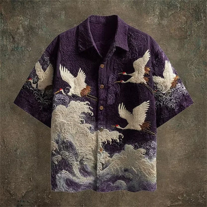 Purple shirt with crane and wave design on a textured brown background