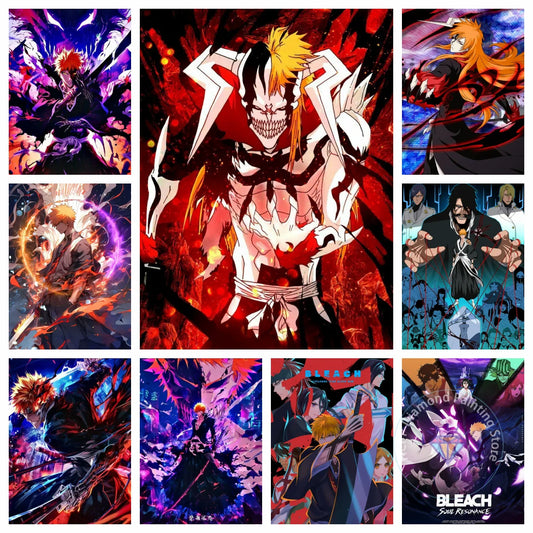 Collage of anime character posters with vibrant colors and dynamic poses.