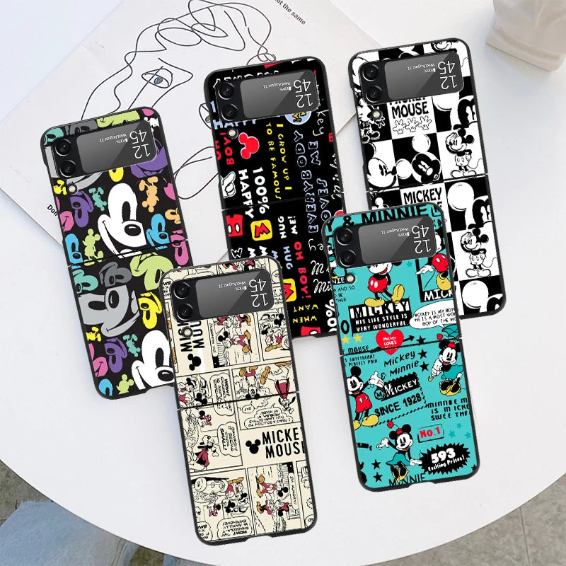Phone Case For Samsung Galaxy Z Flip 3 4 5G Luxury PC Black Hard Cover ZFlip3 ZFlip4 Fall Prevention Shell Mickeyy💙💙Mouse