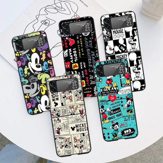 Phone Case For Samsung Galaxy Z Flip 3 4 5G Luxury PC Black Hard Cover ZFlip3 ZFlip4 Fall Prevention Shell Mickeyy💙💙Mouse