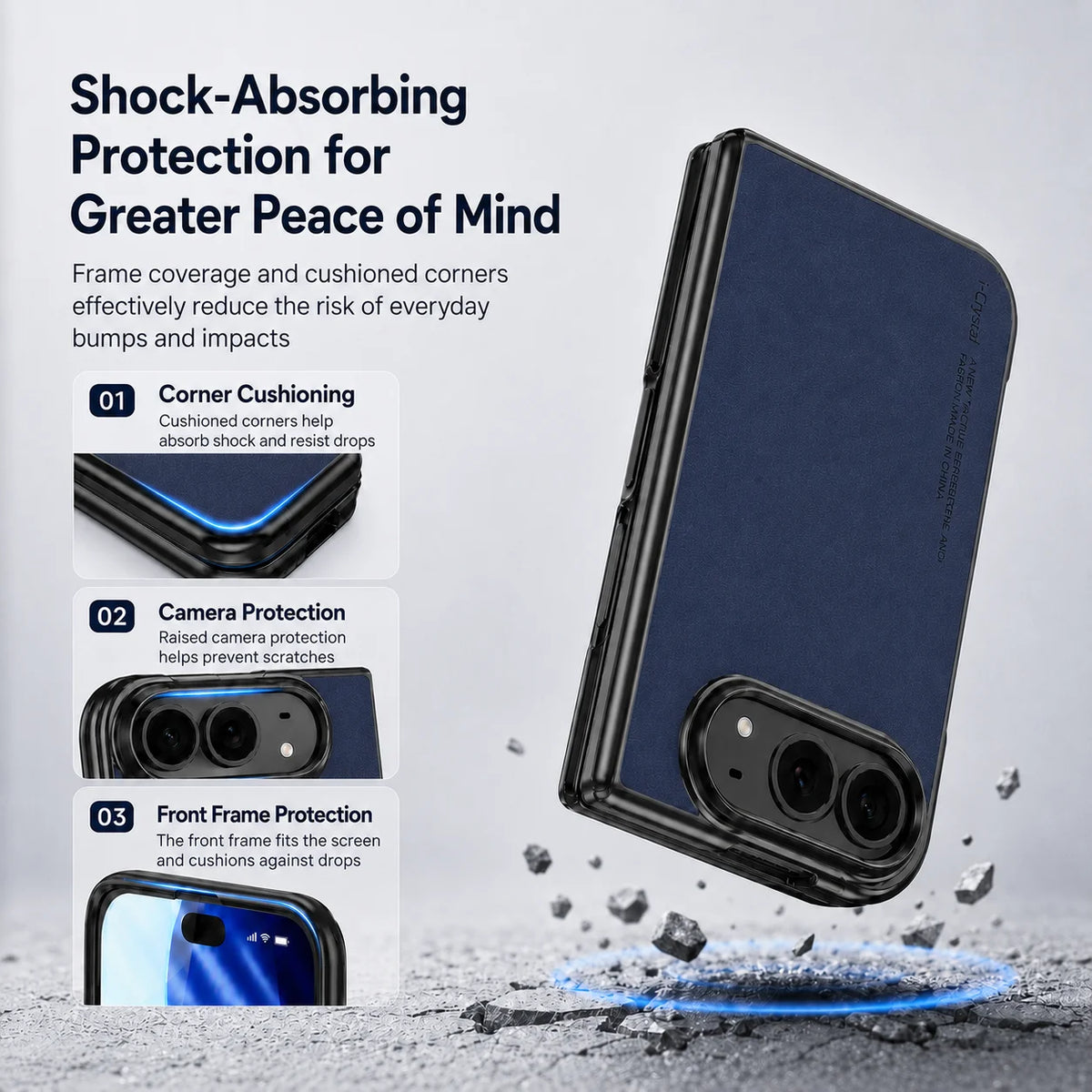 A dark blue phone case with a black protective bumper frame, shown on a light gray background with marketing text and feature callouts about corner cushioning, camera protection, and front frame protection.