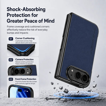 A dark blue phone case with a black protective bumper frame, shown on a light gray background with marketing text and feature callouts about corner cushioning, camera protection, and front frame protection.