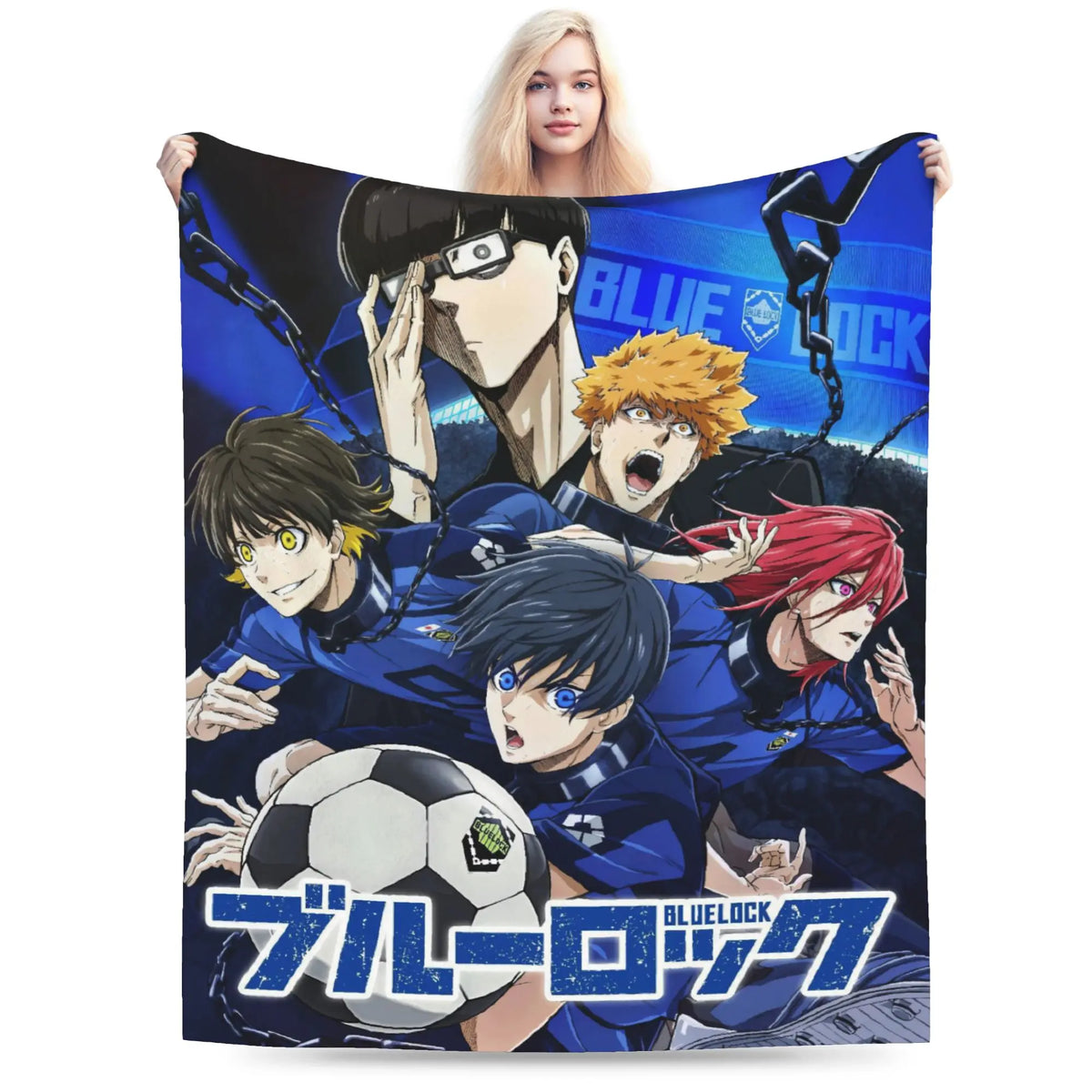 A person holds up a large printed blanket or throw featuring anime characters from Blue Lock, including a soccer ball graphic and the Blue Lock logo, against a plain white background.