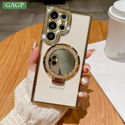 For Samsung S24 S25 Ultra Mirror Magsafe Case for Samsung Galaxy S23 S22 Ultra Plus A16 A06 A55 A54 Luxury Diamond Plating Cover