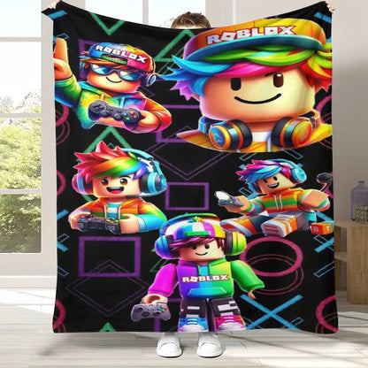 A colorful Roblox-themed wall tapestry or blanket hanging in a room, featuring multiple cartoon Roblox avatar characters on a black background with neon geometric shapes. A person is partially visible behind the hanging item.