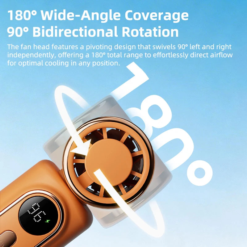 Portable fan with 180-degree wide-angle coverage and 90-degree bidirectional rotation on a blue background.