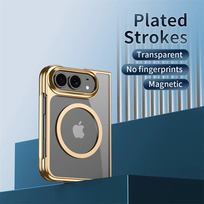 A transparent phone case with a gold-plated magnetic ring and camera border, shown on a smartphone. The image includes text overlays highlighting product features: 'Plated Strokes', 'Transparent', 'No fingerprints', and 'Magnetic'.