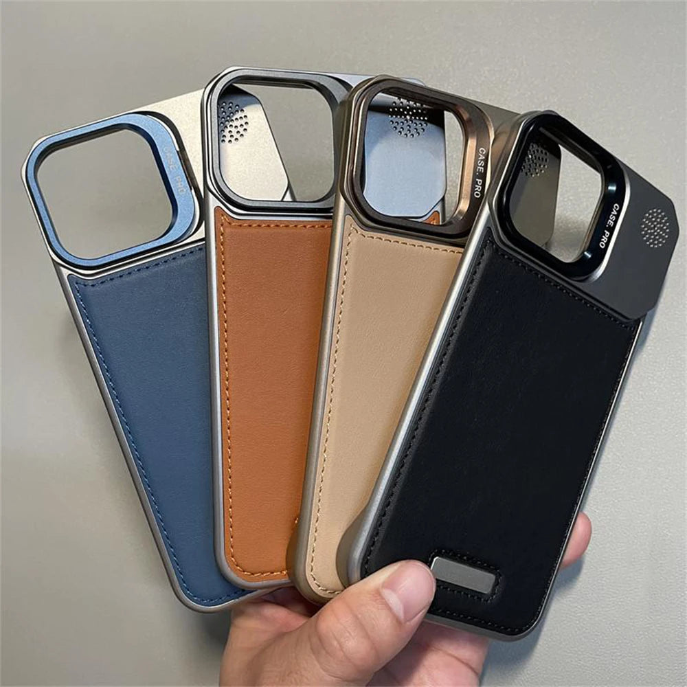 Metal Lens Holder Frameless Leather Magnetic Case For Iphone 16 Pro Max 15 14 Plus 13 12 Promax Magsafe Wireless Charge Cover