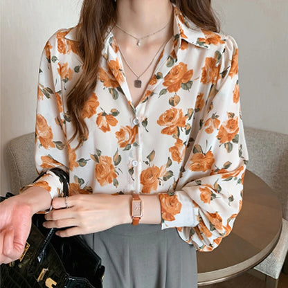 chemisier Flower Print Shirts Women Chiffon Blouse Spring Long Sleeve Sheer Thin Shirt Sunscreen Clothes Tops Blusas Para Mujer