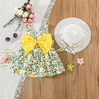 Summer New Girls Dress Halter Ribbon Ribbon Full Print Floral A-line Dress Birthday Party Team Dress + Hat Bow Ribbon