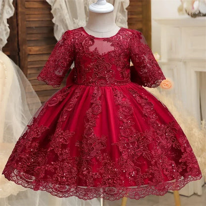 New Years Wedding Princess Dress for Baby Girls Birthday One Year Dress Party Baptism Gala Gown Green Bow Christmas Costume 1-5Y