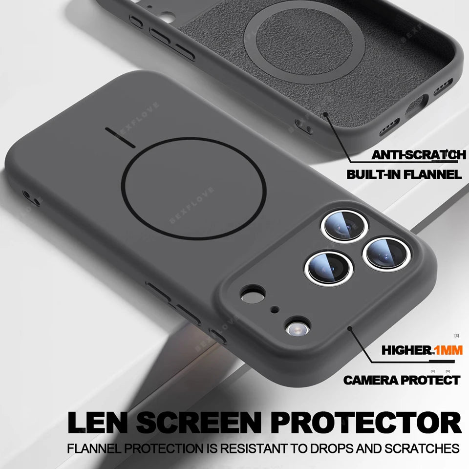 Dark gray magnetic phone case with a built-in anti-scratch flange and camera lens protector, shown from the back with feature callouts on a clean white background.