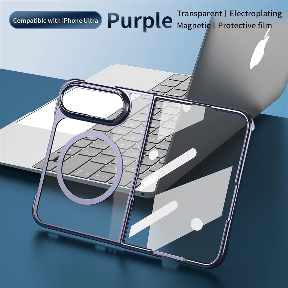 Transparent purple magnetic phone case with a circular MagSafe ring, shown fitted on a smartphone in front of a laptop on a blue surface. Text at the top reads 'Compatible with iPhone Ultra', 'Purple', and 'Transparent | Electroplating | Magnetic | Protective film'.