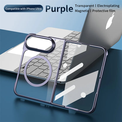 Transparent purple magnetic phone case with a circular MagSafe ring, shown fitted on a smartphone in front of a laptop on a blue surface. Text at the top reads 'Compatible with iPhone Ultra', 'Purple', and 'Transparent | Electroplating | Magnetic | Protective film'.