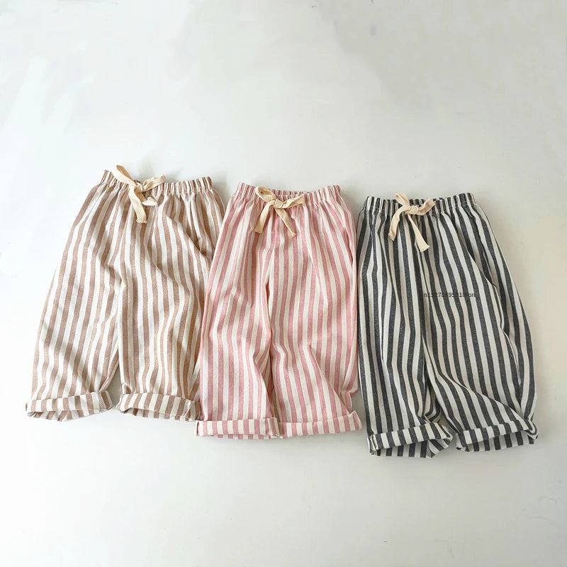 Spring Summer Boys Striped Loose Pants Baby Girl Vintage Casual Linen Cotton Harlan Pants Kids Lace-up Pant Children Clothing