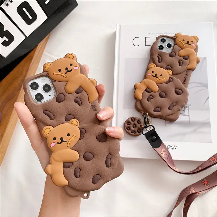 Cute Cartoon Cookie Bear Lanyard Phone Case For iPhone 16 15 14 13 12 11 Pro Max X XR XS 6 7 8 Plus Shockproof Protective Cover