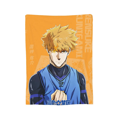 A rectangular anime-themed print or poster featuring a blond male character in a blue and black athletic outfit against an orange background with vertical text.
