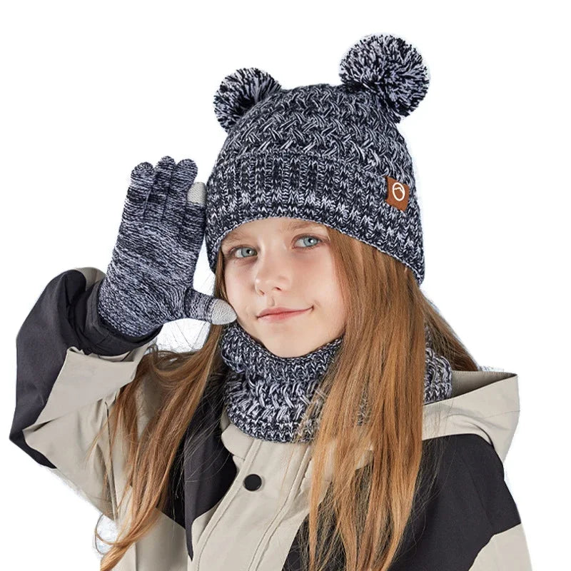 New Children Hats Scarf Gloves Set Cute Bear Colorful Knitted Hat Plus Velvet Warm Hoods Caps for Girls Baby Outdoor Accessories