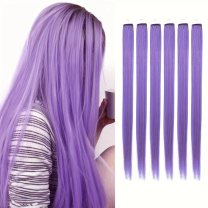 Clip in Hair Extensions 6pcs/pack Colored Party Highlights 22 inches Multi-colors Straight Hair Synthetic Hairpieces Purple Pink