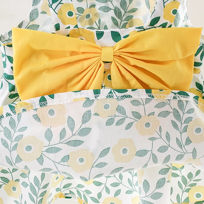 Summer New Girls Dress Halter Ribbon Ribbon Full Print Floral A-line Dress Birthday Party Team Dress + Hat Bow Ribbon