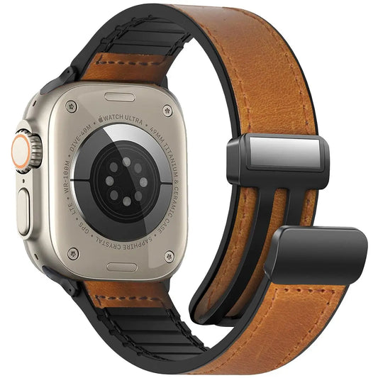 Magnetic for Apple watch ultra 2 band 49mm 44mm 40mm 45mm 41mm Genuine Leather+silicone bracelet iWatch series 9 8 7 6 se strap