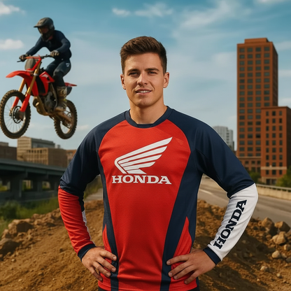 A man wearing a red and navy blue long-sleeve Honda jersey stands with hands on hips in front of a dirt track backdrop, with a motocross rider and city buildings in the background.