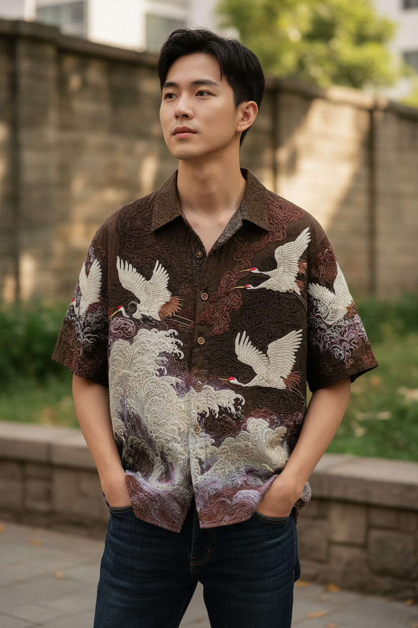 A man wearing a short-sleeve button-up shirt with a brown and beige crane and wave pattern, paired with dark blue jeans, standing outdoors against a blurred stone wall background.
