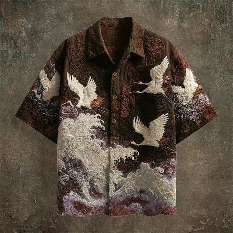 Short-sleeve shirt with crane and wave design on a textured background