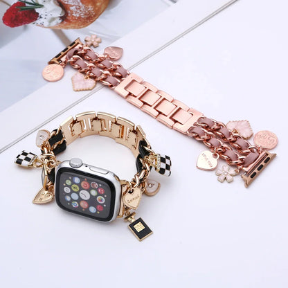 Metal+Leather Strap For Apple Watch Series 9 8 7 6 5 4 se Women Cute Bracelet For iWatch 41mm 45mm 38mm 40 42mm 44mm Luxury Band